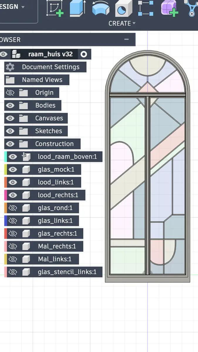 Het digitale ontwerp van het glas-in-loodraam in Fusion