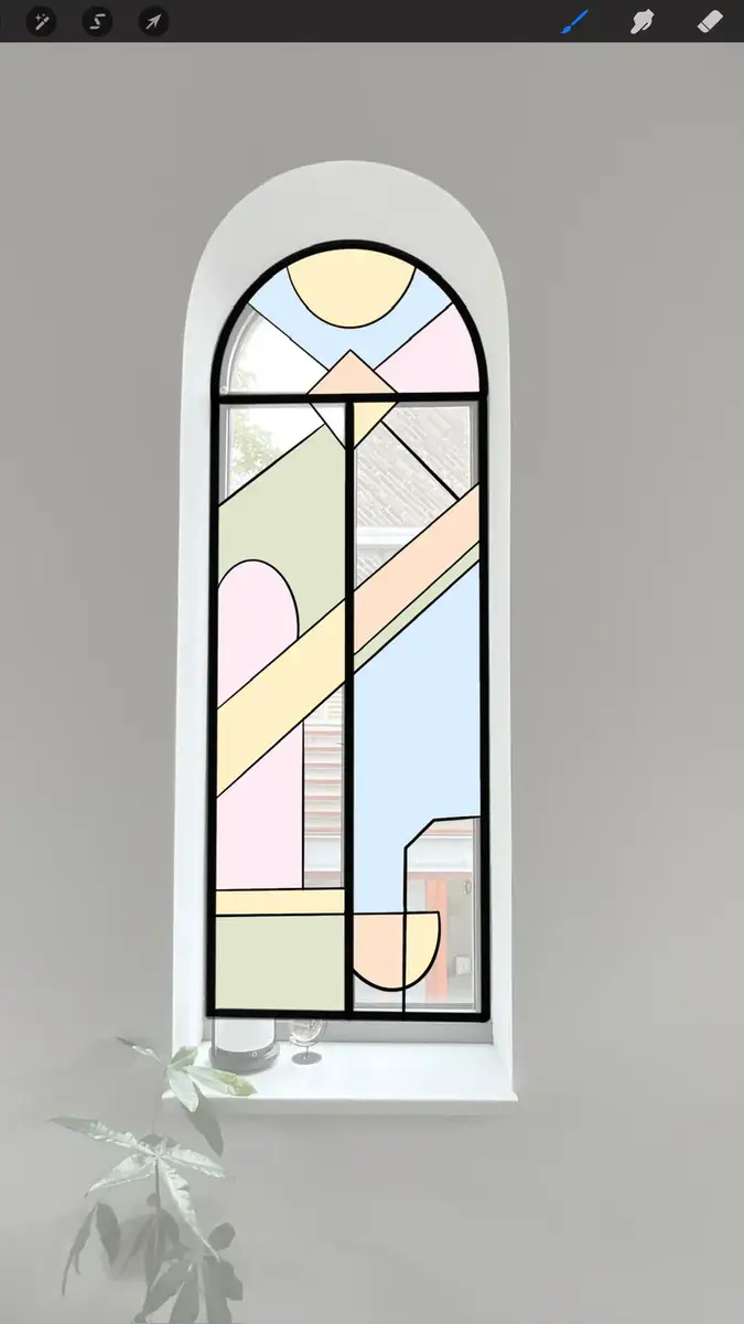 Het digitale ontwerp van het glas-in-loodraam over een foto van het bestaande raam