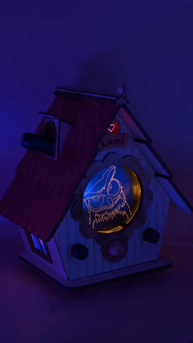 Vogelhuisje bij nacht met verlichte uil