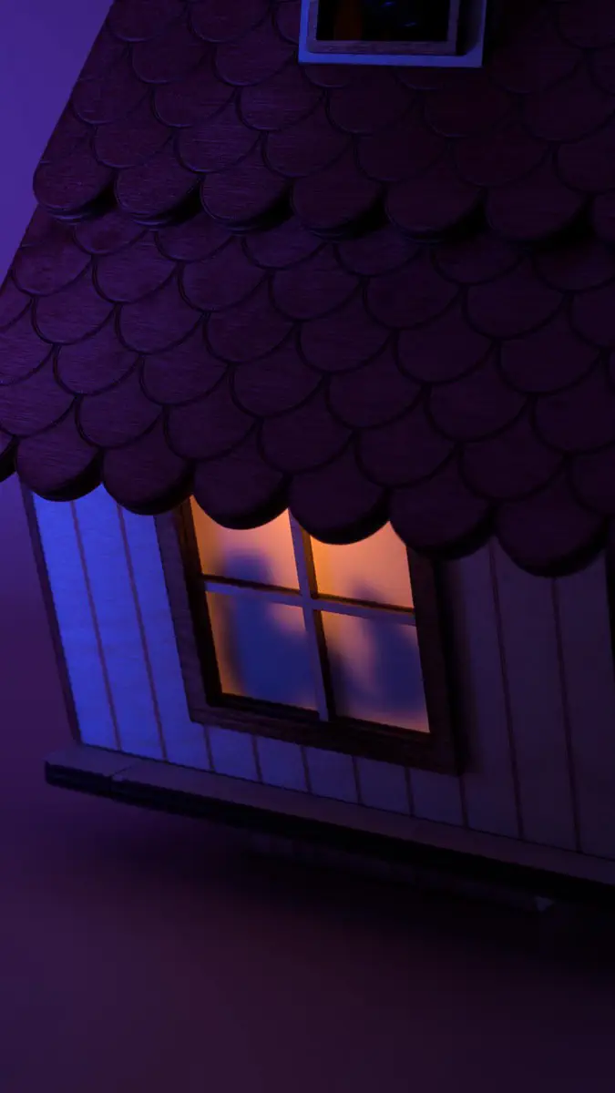 Zijraam van vogelhuisje met silhouet van meisje met kat