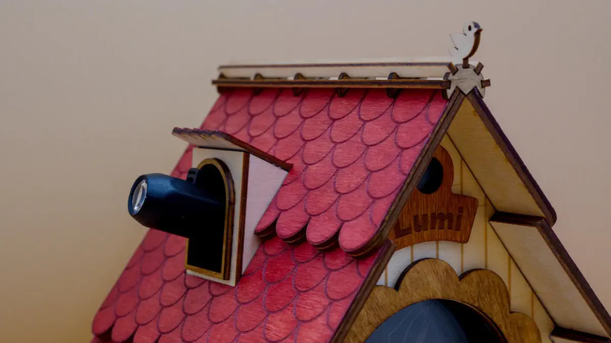 Detail van dak van vogelhuisje met dakkapel en projector